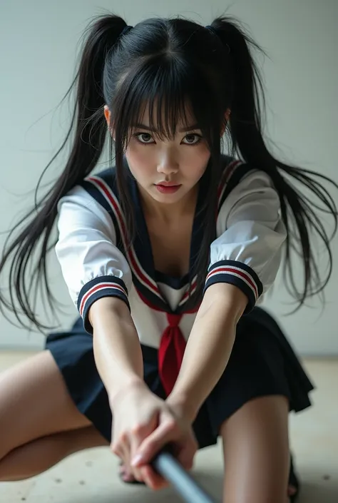 masterpiece、Best Quality、、Ultra-realistic、Beautiful Japanese Woman、High resolution face、Clean and delicate face、whole body、Crouching and swinging、Anatomically correct sword grip、Black hair twin tails、Wear a uniform and go to school、Glaring at the audience、...