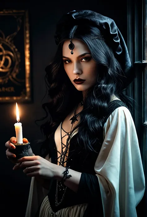 a beautiful young witch with long black hair, brown eyes, and pale skin, powerful and mysterious, astrological sign Cancer, dark gothic fantasy, dark magic, dramatic lighting, (best quality,4k,8k,highres,masterpiece:1.2),ultra-detailed,(realistic,photoreal...