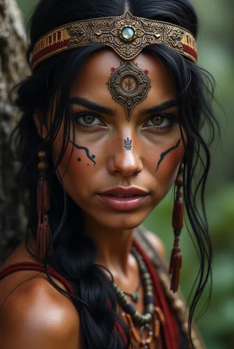 Portrait of a very beautiful wild indigenous woman with a tattoo on her face 