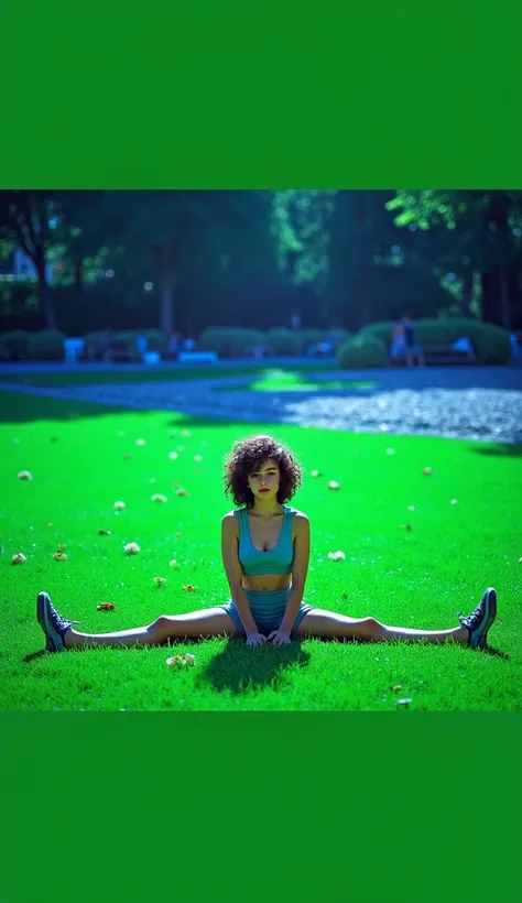 A brunette girl with curly hair and big breasts sits with her legs stretched out, taking a realistic photo