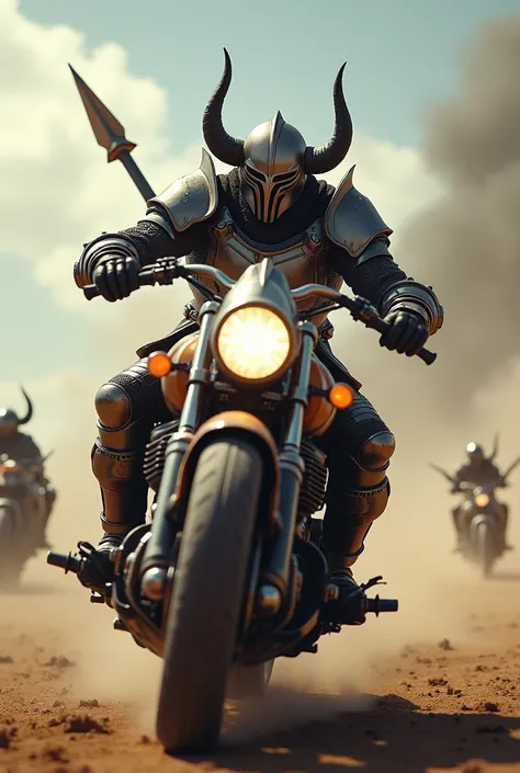 A knight with horns on his helmet, charging with a spear toward the enemy, on a motorcycle, with a spear