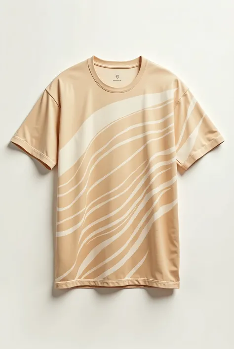 A sand-colored t-shirt is presented with a front and back, not crumpled and without the presence of anyone using it. The piece displays details that refer to waves and the beach with large lines,thick and well marked and far from each other,that go up to t...