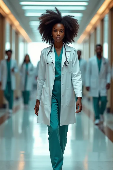 An image of a beautiful black nurse with black power hair in a white coat walking through the corridors of the luxurious hospital watching the movements of her fellow doctors and nurses working on a busy day she is the only black woman