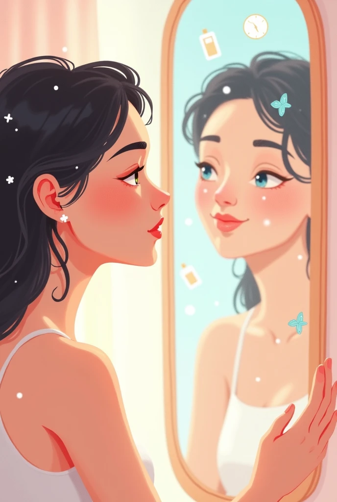 
"An attractive young woman with glowing, clear skin looking at her reflection in a mirror. Around her, faintly illustrated but realistic skincare products like cleansers, lotions, and sunscreens are floating in a dreamy, soft pastel background. Subtle ico...