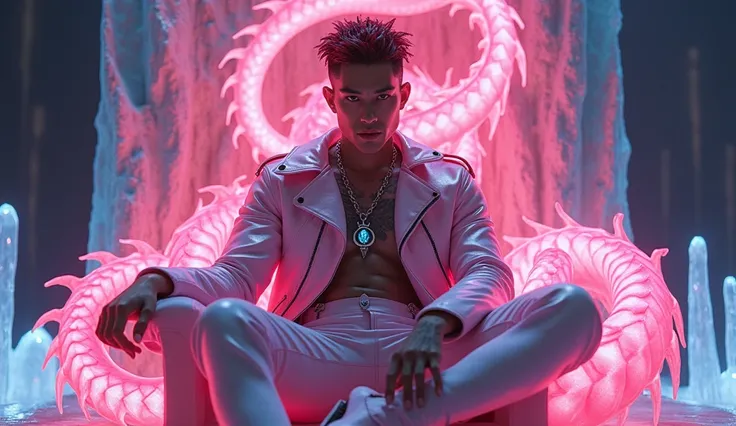 sitting down with a with a glowing pink dragon coiled around a male with translucent leather outfit with high boots ,illuminating the scene with its ethereal light, A blasian Korean pale skin male, wet curly hair dyed red and black highlights with a neat f...