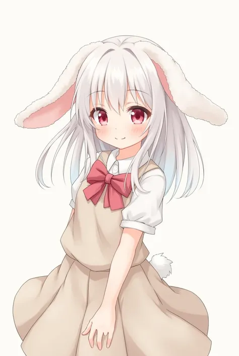 Anime girl with white hair and bunny ears, red eyes, shy blush, school uniform