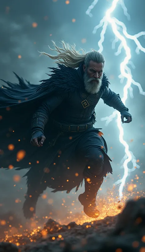 "Odin swiftly dodges the incoming lightning, his form blurring as he casts a speed-enhancing spell. The Norse god, cloaked in shadows and swirling winds, moves with unnatural agility, leaving a trail of glowing runes in his wake. His raven cloak billows as...