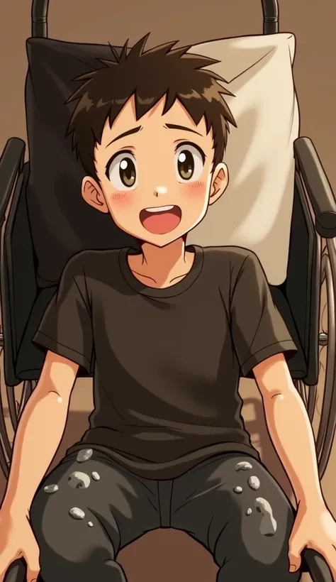 Young man in wheelchair smiling showing sweaty anime feet