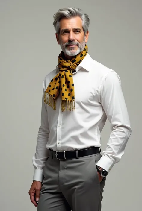 Man wearing 
White shirt with grey pant
 With black  belt with yellow and black scarf 