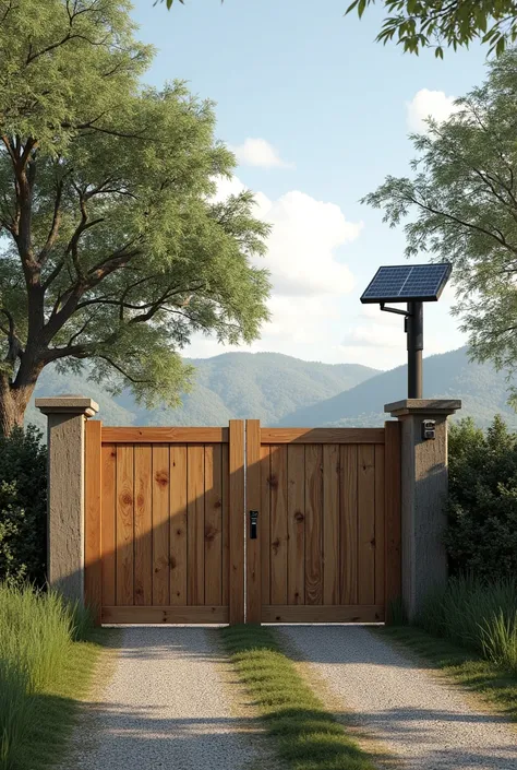 Create a gate , for rural property , solar powered , add a post to the right of the gate 3 meters high containing the solar panel on top , add security cameras  , the gate must be 3 meters wide