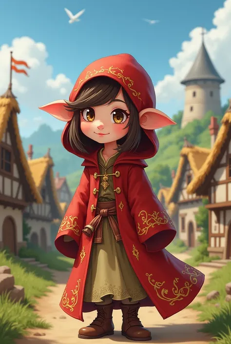 Cute red-clothed dwarf from the Middle Ages, woman, Anime style