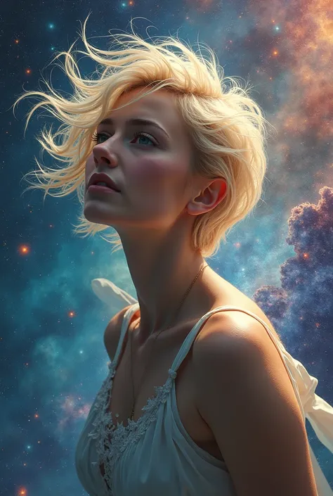 blonde woman short hair flies in the colorful galaxy 




