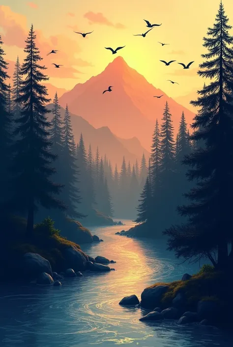 Canopy mountain river birds flying sun filtering trees silhouette sunset neat drawing pine dusk