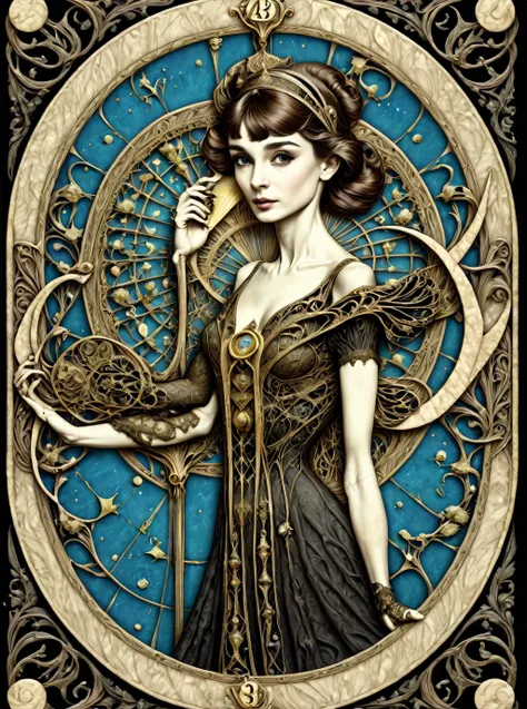 tarot, masterpiece digital art portrait of a beautiful adr audrey hepburn woman art nouveau n0uv34u style