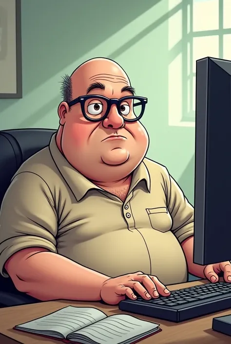 Men, fat, with glasses, 50 years old, in front of a computer,bald , comic

