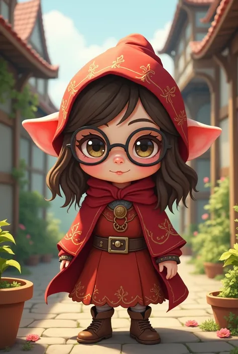 Cute red-clothed dwarf from the Middle Ages, woman, kawaii anime style, wearing glasses