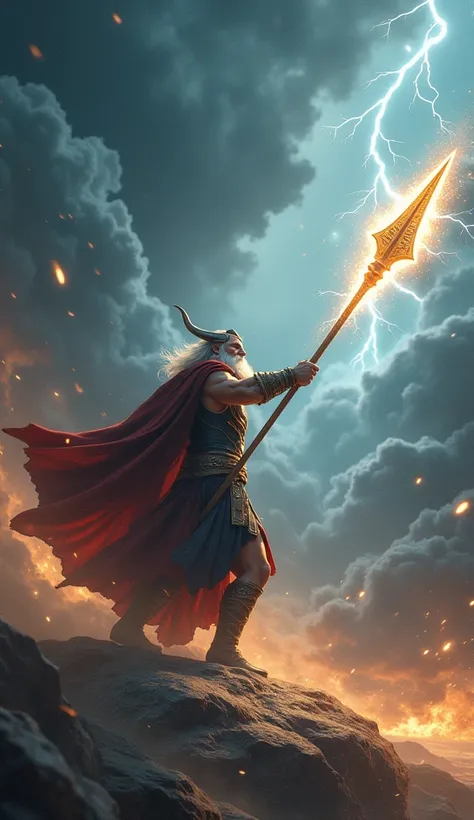 "Odin hurls Gungnir, his legendary spear, glowing with divine energy, slicing through the stormy sky. The spear flies with deadly precision, leaving a trail of shimmering light as it cuts through the clouds. Gungnir streaks toward Zeus, nearly striking him...