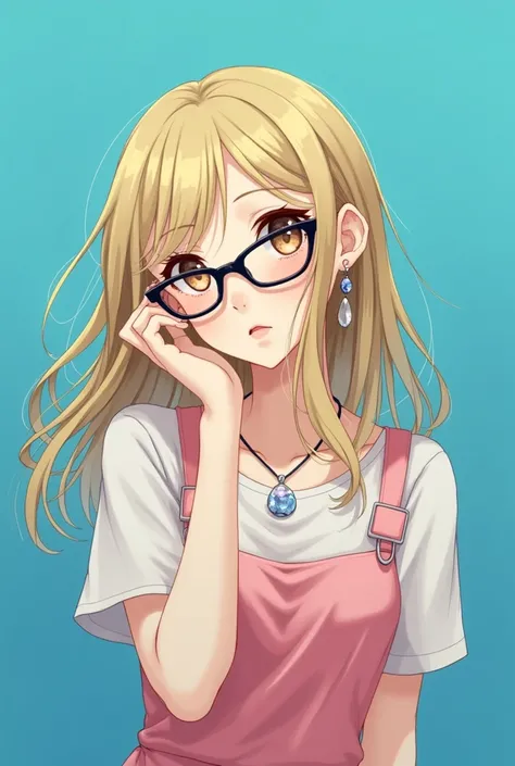 a lonely girl, Adorned with jewels, She wears earrings and a necklace. Her blonde hair frames her face, where he wears black-rimmed glasses. The background is a vibrant blue color. She wears a short-sleeved blouse and a pink dress that highlights her figur...