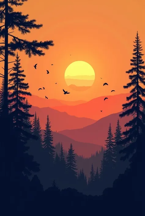 Canopy mountain birds flying sun filtering trees silhouette sunset neat drawing pine dusk vector style orange sky