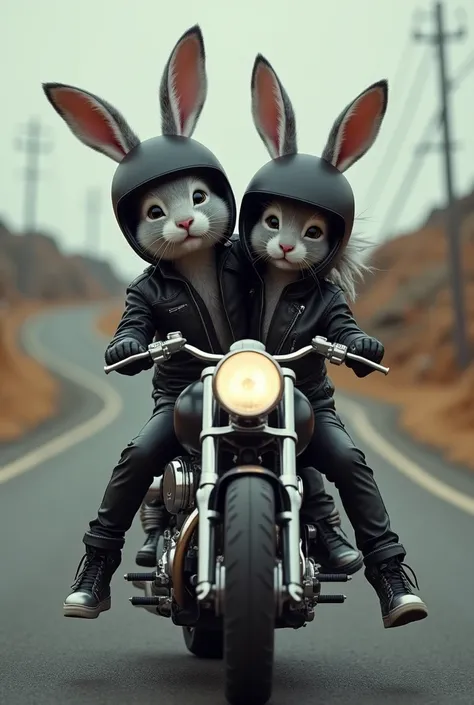 Generate me a bunny and a bunny girl on a motorcycle with helmets,black jackets and the road in the background