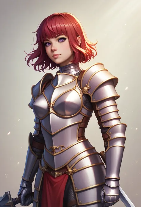 masterpiece, (realistic anime style), highres, highly detailed, beautiful , red hair, purple eyes, freckles, detailed face, knight, armor, nishikino maki ,id_maki_nishikino, cowboy shot 