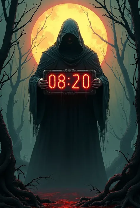 Evil man holding a Countdow showing" 08:20 seconds",  sun shaped, horror themed. 08 minutes and 20 seconds showing in the display, on a swamp background 