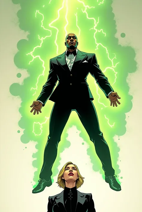 in the style of a comic book, imagine an african american man wearing a stylish black suit with a green aura covering his body . Next to you, there is a beautiful woman with short blonde hair, wearing a sophisticated tuxedo. The man is floating in the air,...