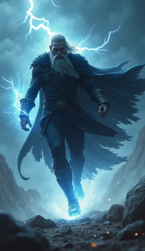 "Odin swiftly dodges the incoming lightning, his form blurring as he casts a speed-enhancing spell. The Norse god, cloaked in shadows and swirling winds, moves with unnatural agility, leaving a trail of glowing runes in his wake. His raven cloak billows as...