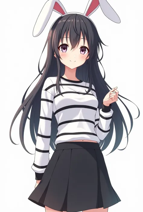 A slim anime girl with long black hair with bangs wearing a small white bunny hat with the ears down wearing a long-sleeved blouse with many white and black horizontal stripes, a short black skirt
