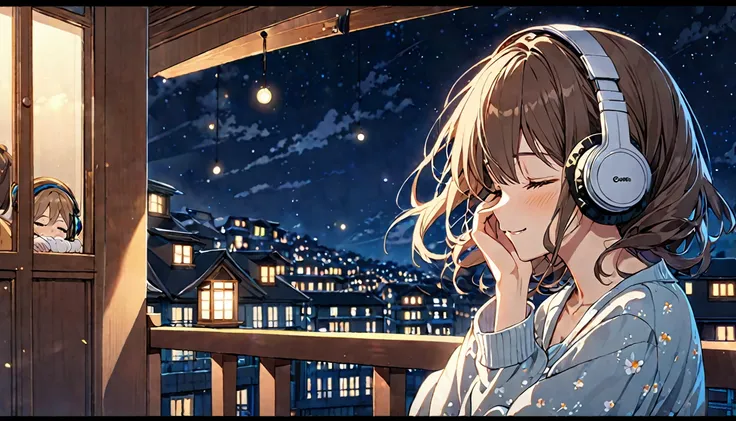 background：View of the night sky from the balcony。
expression：A slightly relaxed smile。
Costume：Pajamas and a light cardigan。
Pose：Put your hands on the railing、I lift my face to feel the night breeze。
scene：Wrapped in the cool night breeze、The moment I ac...