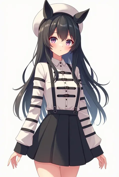 A slim anime girl with long black hair with bangs wearing a small white hat with ears down wearing a long-sleeved blouse with many white and black horizontal stripes, a short black skirt
