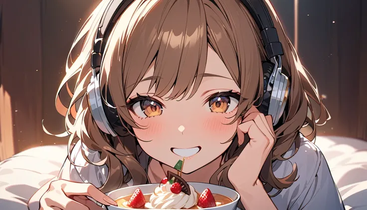 background：On the bed、Enjoying dessert。
expression：With a smile、少し嬉しそうなexpression。
Costume：Relaxing loungewear。
Pose：Sitting on the bed、Bringing dessert to the mouth。
scene：A small reward for getting through the week。
(Brown haired woman wearing headphones...