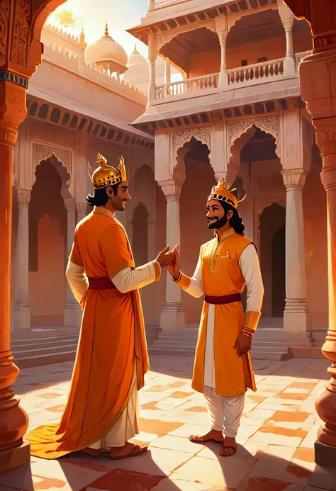 Cover art for a story featuring an Indian king and his happy servant. The scene is set in an ancient Indian palace courtyard with golden-orange tones dominating the color palette. The king, dressed in traditional royal attire with a golden crown and regal ...