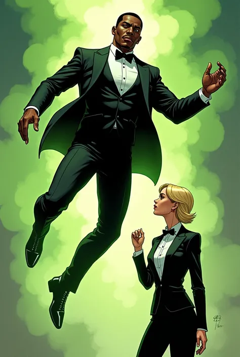 in the style of a comic book, imagine an african american man wearing a stylish black suit with a green aura covering his body . Next to you, there is a beautiful woman with short blonde hair, wearing a sophisticated tuxedo. The man is floating in the air,...