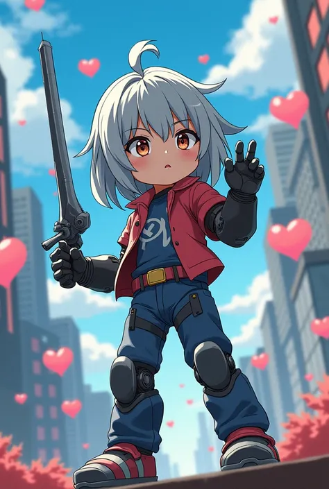 character design, cute boy cyborg, smiles sweetly, anime style 80s, gray long hair, human face, full length, in black shorts, mechanical arms and legs, pistols in hands, cyberpunk city in the background, stands in a fighting pose, top quality, hearts on th...