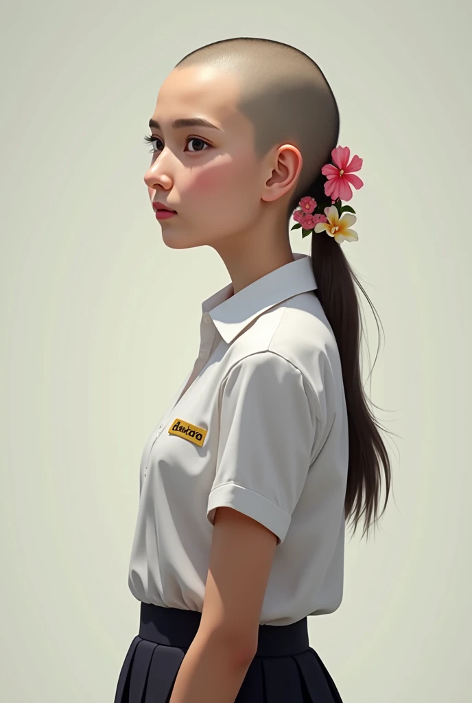 A female character with a bald forehead, wearing a Thai student uniform, with her hair tied in a garland.   