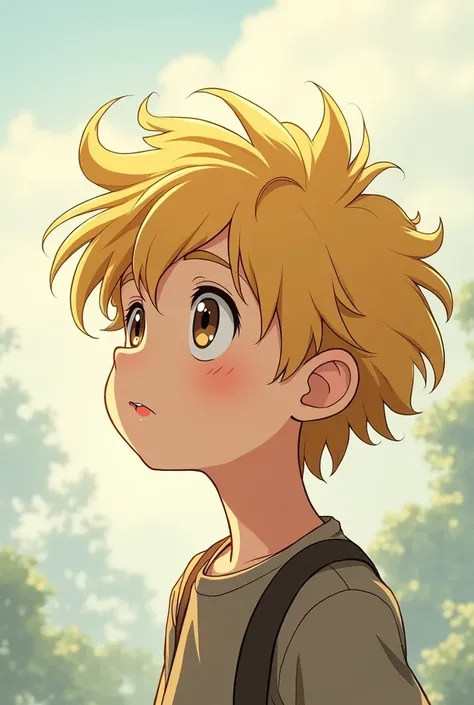 Boy with messy blond hair in left profile anime style
