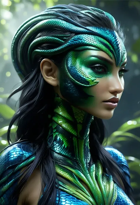 photorealistic picture of a stunning, seductive half-woman, half-snake creature. Her lower snake body gleams in slimy, glossy textures, with iridescent shades of green and blue rippling along its length. She wears a tight-fitting top that matches her moist...