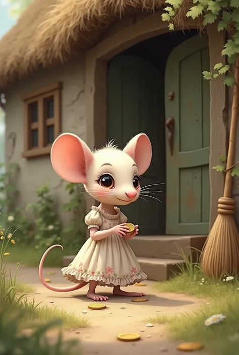 Just like the previous image I want a little mouse with her dress that finds a coin and with the broom outside the house