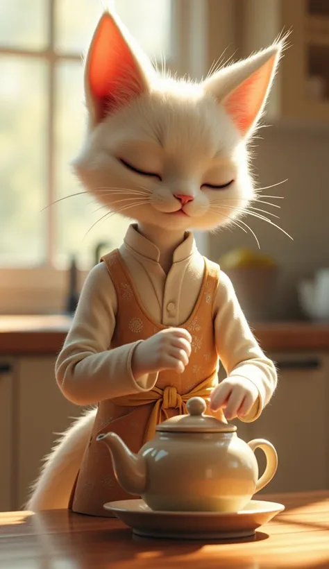 A human-like cat with soft, white fur, dressed in a Punjabi suit, is in a brightly lit kitchen. Her delicate hands are stirring tea in a kettle, and her chest is slightly puffed out, giving a graceful look as she works. The apron tied around her waist adds...