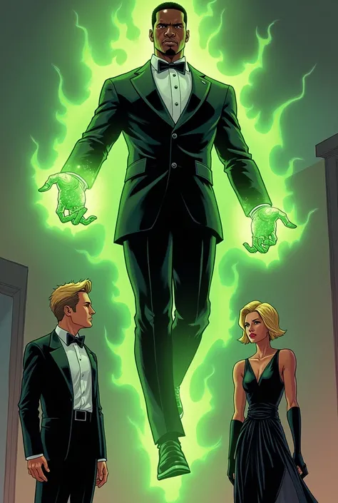 in the style of a comic book, imagine an african american man wearing a stylish black suit with a green aura covering his body and a bright green ring with green color on his right hand and he is looking at the woman next to him, a beautiful woman with sho...