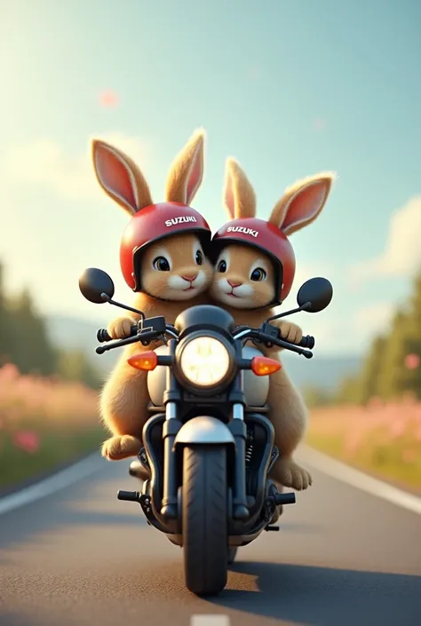 Generate me a rabbit and a bunny hugging on a motorcycle  , The Zusuki brand motorcycle with helmets on their heads and the road visible