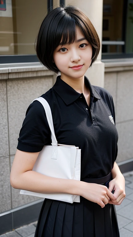 Woman with ,golden black shortcut hair, Black eyes, junior high school student, school uniform, 
