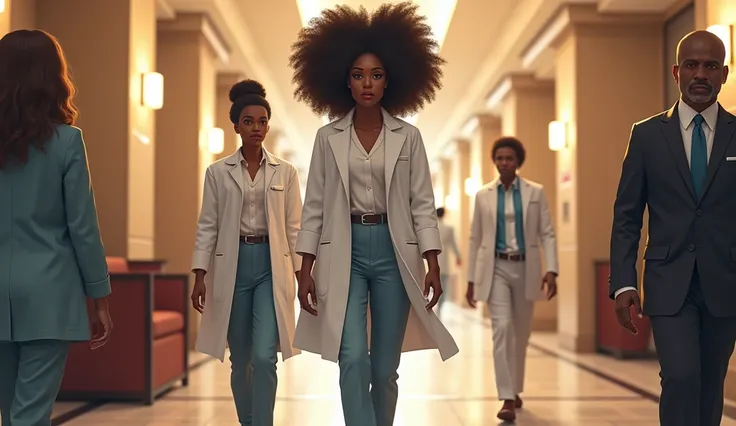 A nurse in a white coat and a black woman with black power hair is walking through the corridors of a luxury hospital and everyone looks at her with disdain. 