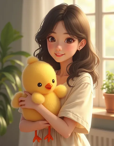 Chick Stuffed Animal，Cute Girl,　Twenty year old woman,　Reality