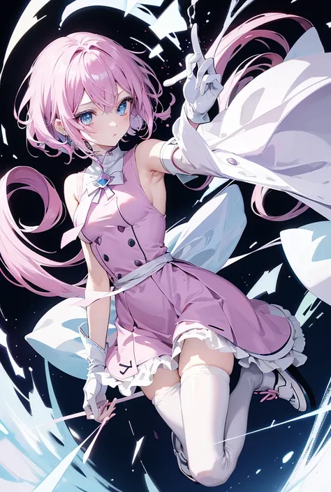 An anime manga style girl with blue eyes, pale skin, eyes with dark circles and , pastel pink dress with white, white gloves, bandages on his body, white medium tights and black shoes long purple hair cutecore style