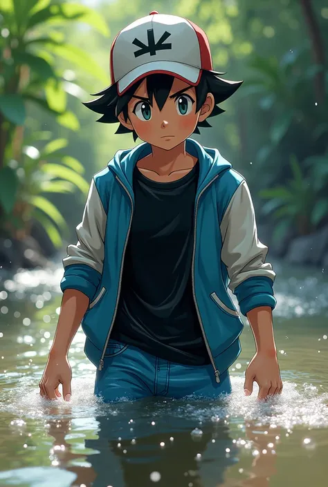 ash ketchum In a wet black t Shirt, a wet blue-white jacket and wet blue pants on In the water