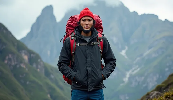 "A handsome Indonesian man named Yudis with straight hair, wearing a red beanie, a plain black winter jacket, blue hiking pants, and carrying a large red hiking backpack. He stands outdoors with a rugged mountain in the background, the natural light emphas...