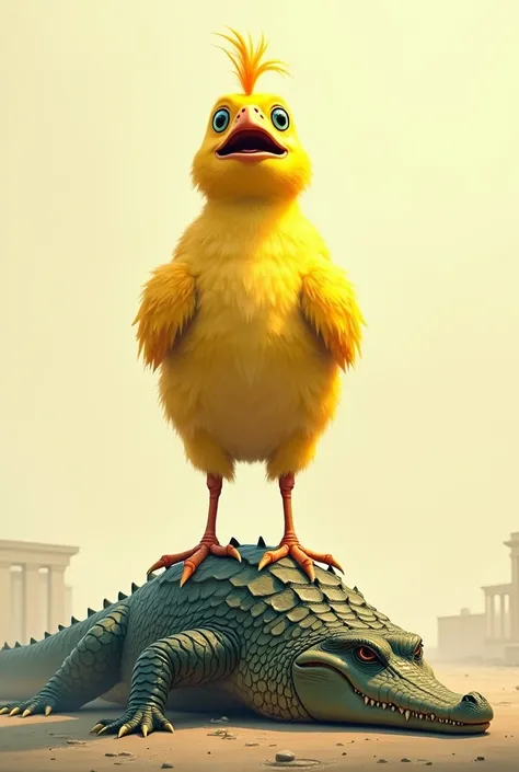 Yellow chick of 45 defeating crying alligator of 15 mockery art for politics without being in 3d
