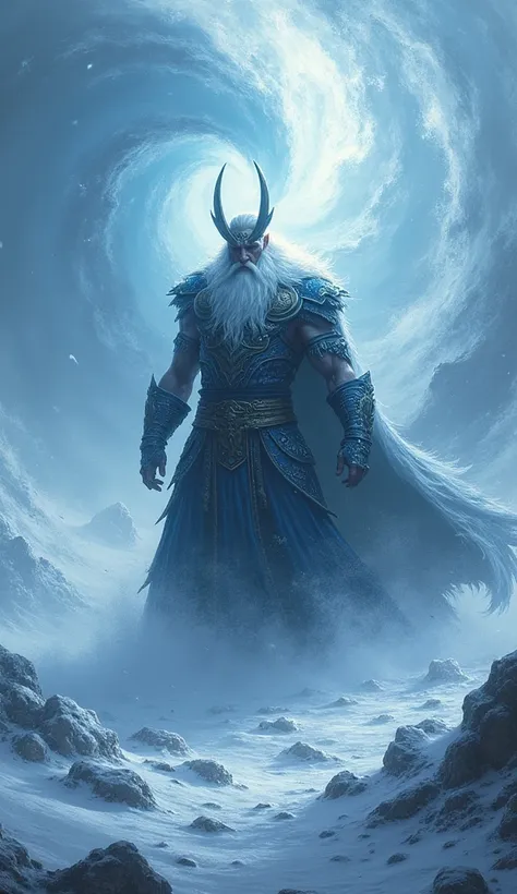 "Odin conjures icy winds from Asgard, snow swirling fiercely in the cold wind."